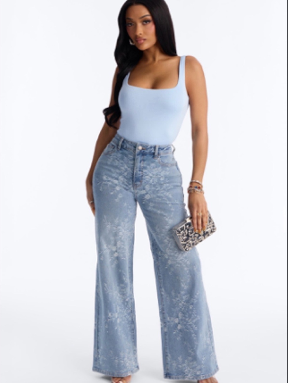 Fashion Nova Light Blue Floral Distressed Wide Leg Jeans
